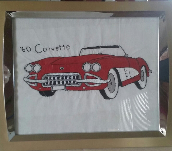 Hand embroidered Classic Cars 8" x 10" Framed